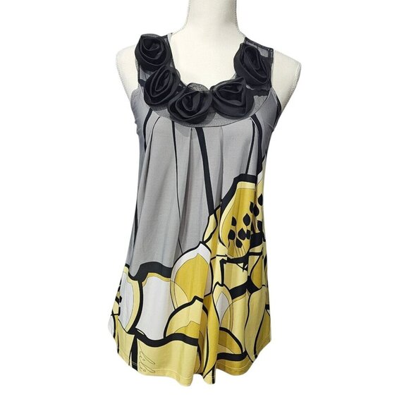 Vibe Tops - Vibe Floral Rose Mesh Detail Top Retro Sleeveless Gray And Yellow Tank Top